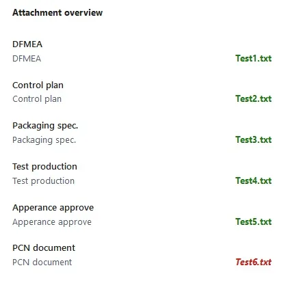 Az info panel csatolmány szakasza a feltöltött fájlok neveivel, pirossal a vevői elfogadáshoz kötelező dokumentummal.