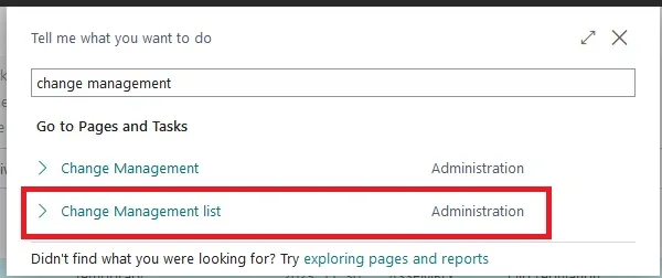 A keresőmező két change management találattal, közülük a listanézettel.